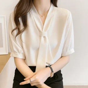 Chemise élégante à lacets avec nœud de couleur unie, chemisier professionnel à manches longues, assorti à tout, chemisiers amples en mousseline de soie pour femmes, bureau