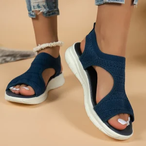 Sandales décontractées à la mode pour femmes, talons compensés, tricot volant, bout ouvert, plates, confortables, pour l&rsquo;extérieur, grande taille