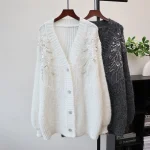 Cardigan mi-long pour femme, manteaux tricotés, col en V, paillettes, pulls Y2k, Streetwear élégant, épissure ouverte, automne hiver