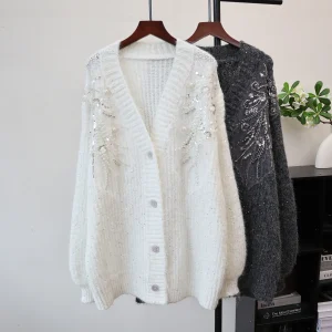 Cardigan mi-long pour femme, manteaux tricotés, col en V, paillettes, pulls Y2k, Streetwear élégant, épissure ouverte, automne hiver