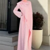 abaya – ensemble hijab en satin élégant, robe maxi avec ceinture, manches longues, robe de soirée formelle pour femmes, couleur unie, robes de festival, tenue