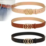 Ceinture tendance pour femmes, Triple boucle ronde, Simple et polyvalente, pour jeunes, en cuir PU, associée à des ceintures en jean pour dames