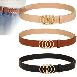 Ceinture tendance pour femmes, Triple boucle ronde, Simple et polyvalente, pour jeunes, en cuir PU, associée à des ceintures en jean pour dames