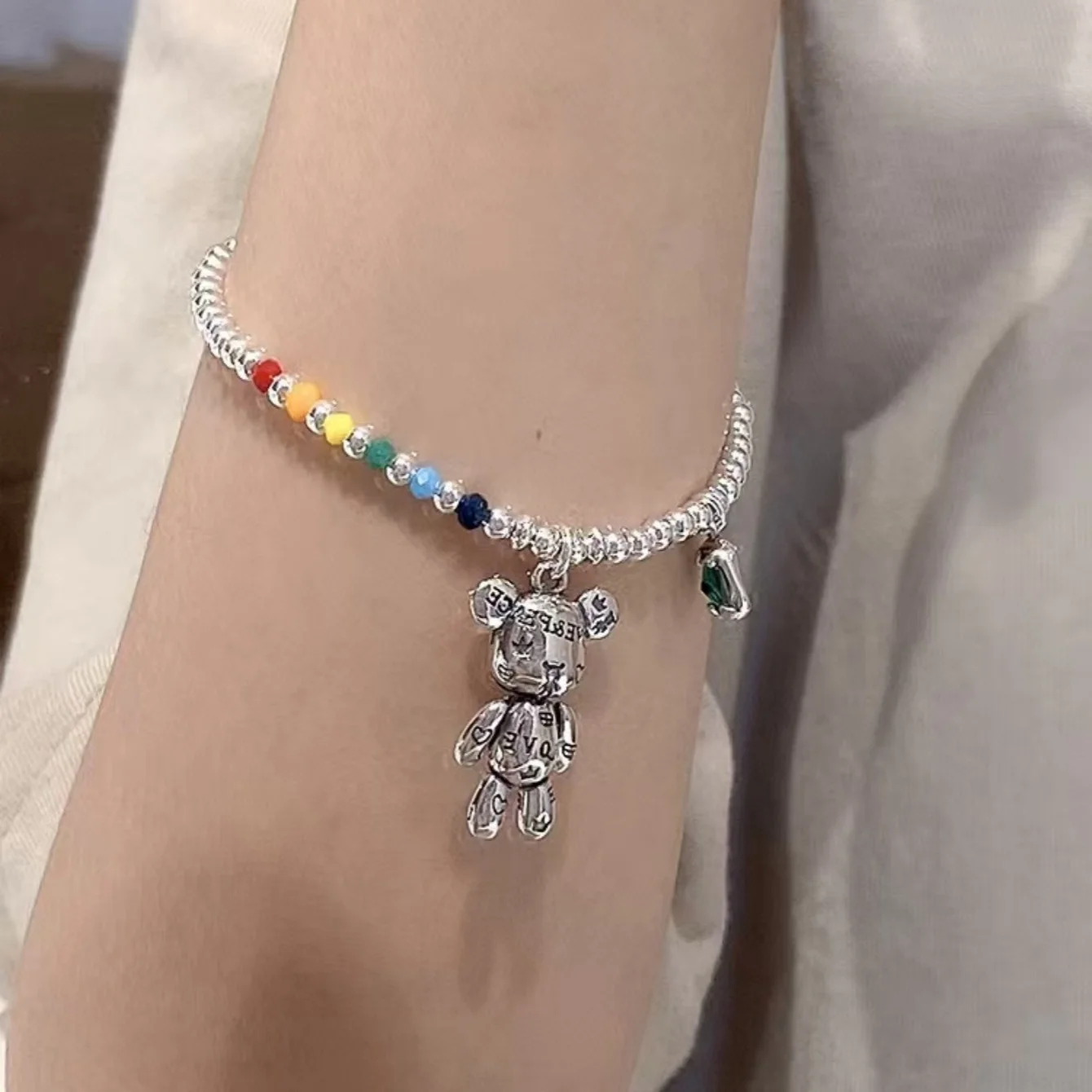 Collier couleur argent, Bracelet à breloques, bijoux de perles rondes colorées, Design ours mignon, pendentif en Zircon, bijoux de fête sl208