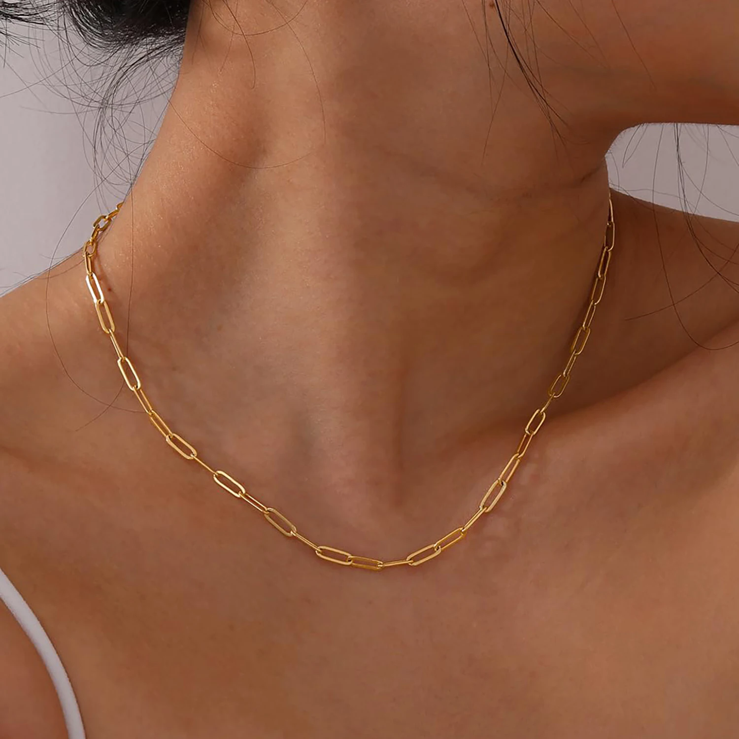 Collier en or minimaliste pour femme, bracelet trombone épais, bijoux imperméables, acier inoxydable, cadeau Hip Rock, document JONecklace