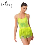 Femmes strass Latin Tango danse justaucorps robe maille transparente Patchwork à plusieurs niveaux gland frange une pièce body robe Dancewear