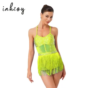 Femmes strass Latin Tango danse justaucorps robe maille transparente Patchwork à plusieurs niveaux gland frange une pièce body robe Dancewear