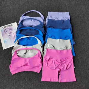 Combinaison de Yoga 2 pièces pour femmes, vêtements de Fitness sans couture, col licou, soutien-gorge de sport, short d&rsquo;impact assorti, ensembles d&rsquo;entraînement, tenue de gymnastique