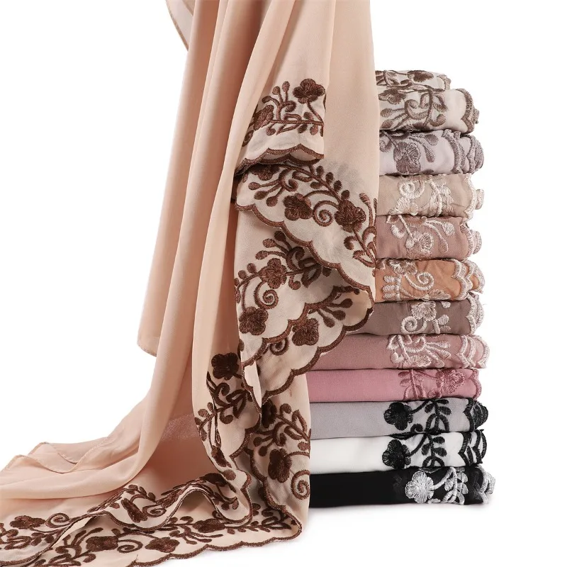 Hijabs pour femmes longue écharpe châle en mousseline de soie trèfle brodé bord en dentelle léger respirant couleur unie perle en mousseline de soie dentelle musulmane Hijabs pour femmes longue écharpe châle en mousseline de soie trèfle brodé bord en dentelle léger respirant couleur unie perle en mousseline de soie dentelle musulmane