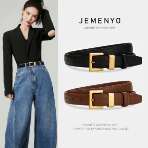 Ceinture en cuir pour femme ; décoration polyvalente en peau de vache pour ceinture de taille de costume ; ceinture en jean de style ins noir haut de gamme simple et rétro.