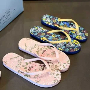 Tongs de plage d&rsquo;été pour femmes, attelle antidérapante, pantoufles à fond plat imprimées de fleurs douces, pantoufles de voyage EVA