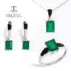 Ensemble de bijoux en argent S925 avec agate verte naturelle, bague, boucles d&rsquo;oreilles, collier, luxe, design élégant, cadeau de banquet pour les travailleurs et les dames