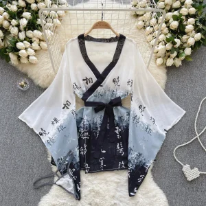 Peignoir une pièce pour femme, kimono japonais sexy, imprimé légèrement transparent, vêtements de nuit pour femme, manches adt, pyjama décontracté, ensembles de robe