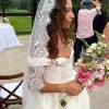 voile mantille court en dentelle douce avec peigne caché, cils élégants, dentelle florale, voile de mariée ivoire, accessoires de mariage personnalisés