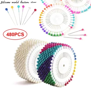 Silicone World – épingles à tête de perle en acier, 480 pièces, 37mm, boule ronde, disque, aiguilles de positionnement en métal, couture, Quilting, bricolage