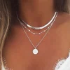 Collier pendentif fleurs multicouches couleur argent pour femmes, chaîne de pull à trois couches exquise, bijoux cadeaux