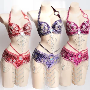 Ensemble de soutien-gorge et ceinture de danse du ventre pour femmes adultes, broderie de perles de biscuits faites à la main, accessoires de scène de danse à bande, 2 pièces