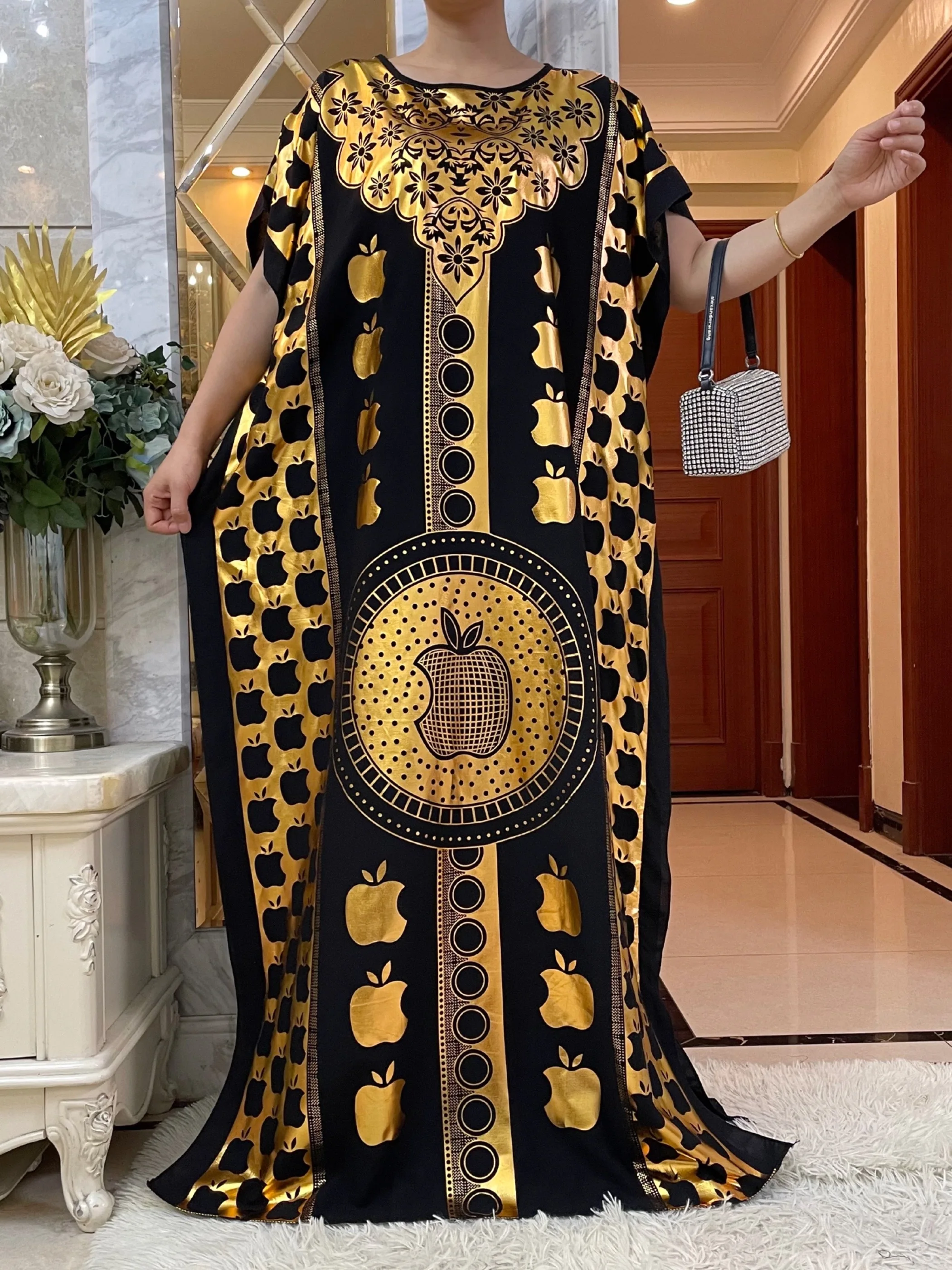 Robe d'été en coton à manches courtes pour femme, boubou, maxi islam, grande écharpe, africain, abaya, estampage doré, design pomme, nouveau