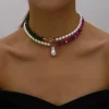 collier ras du cou en pierre pour femmes, bijoux tendance élégants, grande perle de mariage, mode imitation perle, couleur rose verte, 2023
