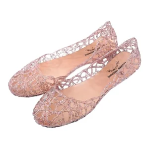 Sandales confortables à semelles plates pour femmes, chaussures de plage transparentes à bouche peu profonde, respirantes, ajourées, scintillantes, été