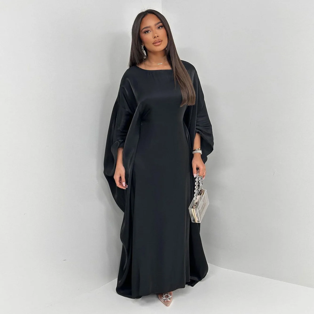 mode d'été robe abaya robe femmes musulmanes élégant col rond manches chauve souris à lacets lumière fluide abaya robe femmes