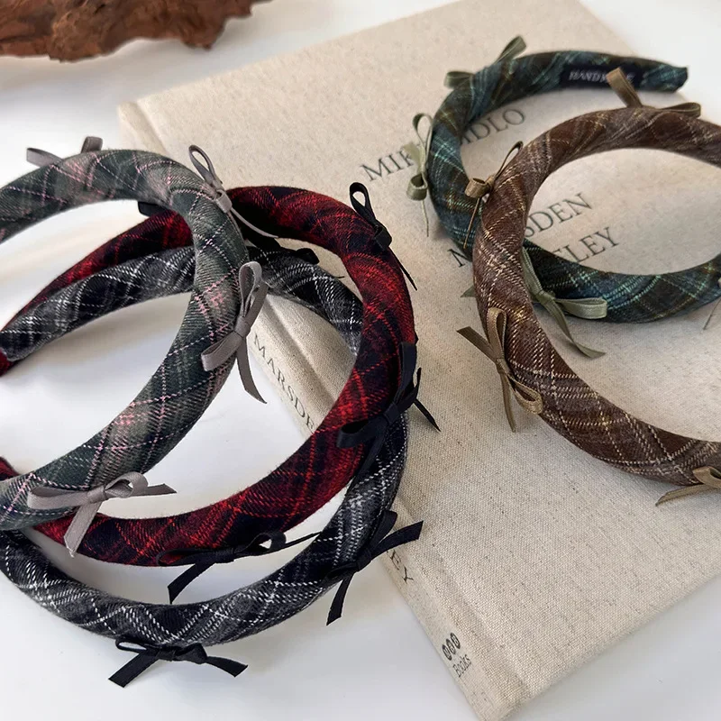 Bandes de sauna à nœud à carreaux de style preppy pour femmes et filles, cerceau de cheveux de tempérament, bande de cheveux colorée, accessoires de cheveux rétro féminins, mode