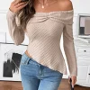 haut en tricot côtelé beige pour femme, épaules dénudées, manches longues, ourlet asymétrique, élégant pour fête et styles décontractés, pull, vêtements y2k