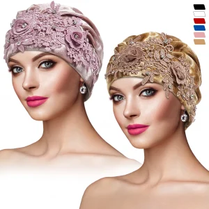 Nouveau brillant 3D fleur Turban Bonnet pour femmes musulman écharpe Hijabs casquettes de fête de mariage plissé Bonnet bandeau cheveux accessoires