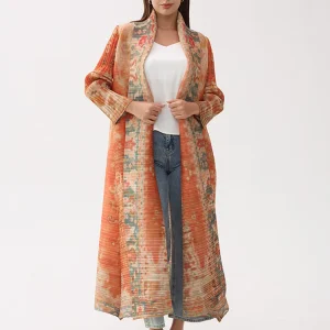 Miyake plissé Vintage imprimé col rabattu à manches longues veste longue femmes concepteur Abaya nouveau dubaï mode grande taille manteaux