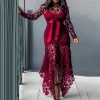 robe longue en dentelle avec ceinture pour femmes, élégante, manches longues, ourlet irrégulier, moulante, robe de soirée, vintage, robe de soirée de mariage