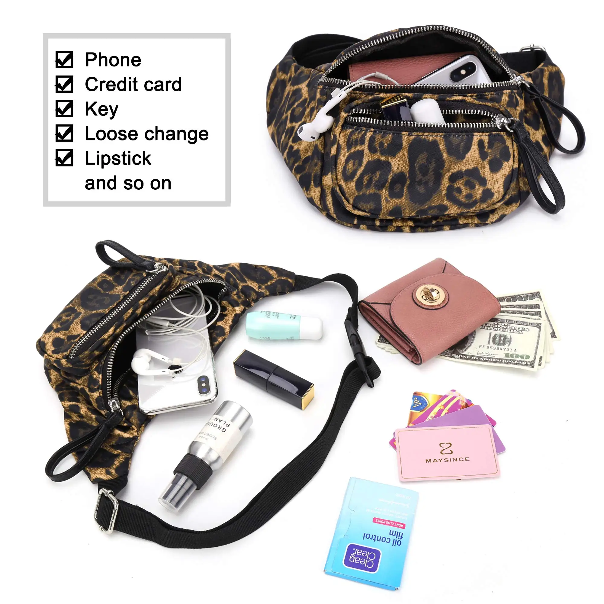 Sac banane imprimé léopard vintage pour femme, sac de taille portable pour femme