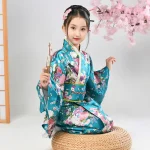 Peignoir kimono japonais pour enfants asiatiques, robe de style japonais, robe d&rsquo;entrée de paon, Obi Vintage Haori Cosplay Costume