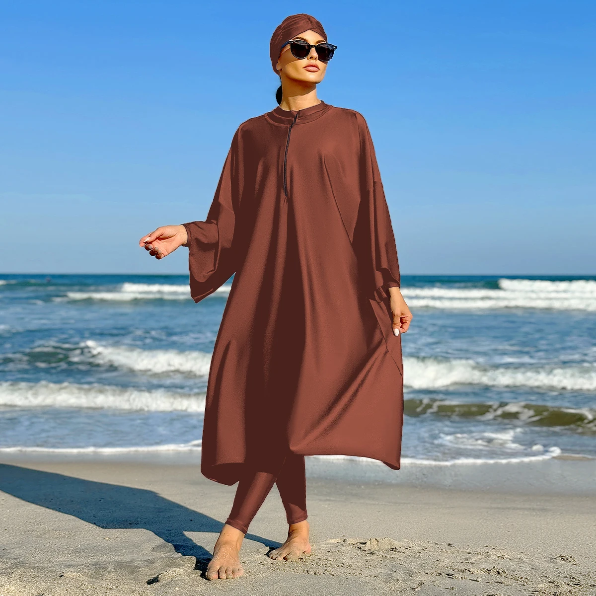 maillot de bain modeste burkini musulman tout couvert maillots de bain amples pour femmes couleur unie robe à manches longues et onesie maillots de bain avec hijab