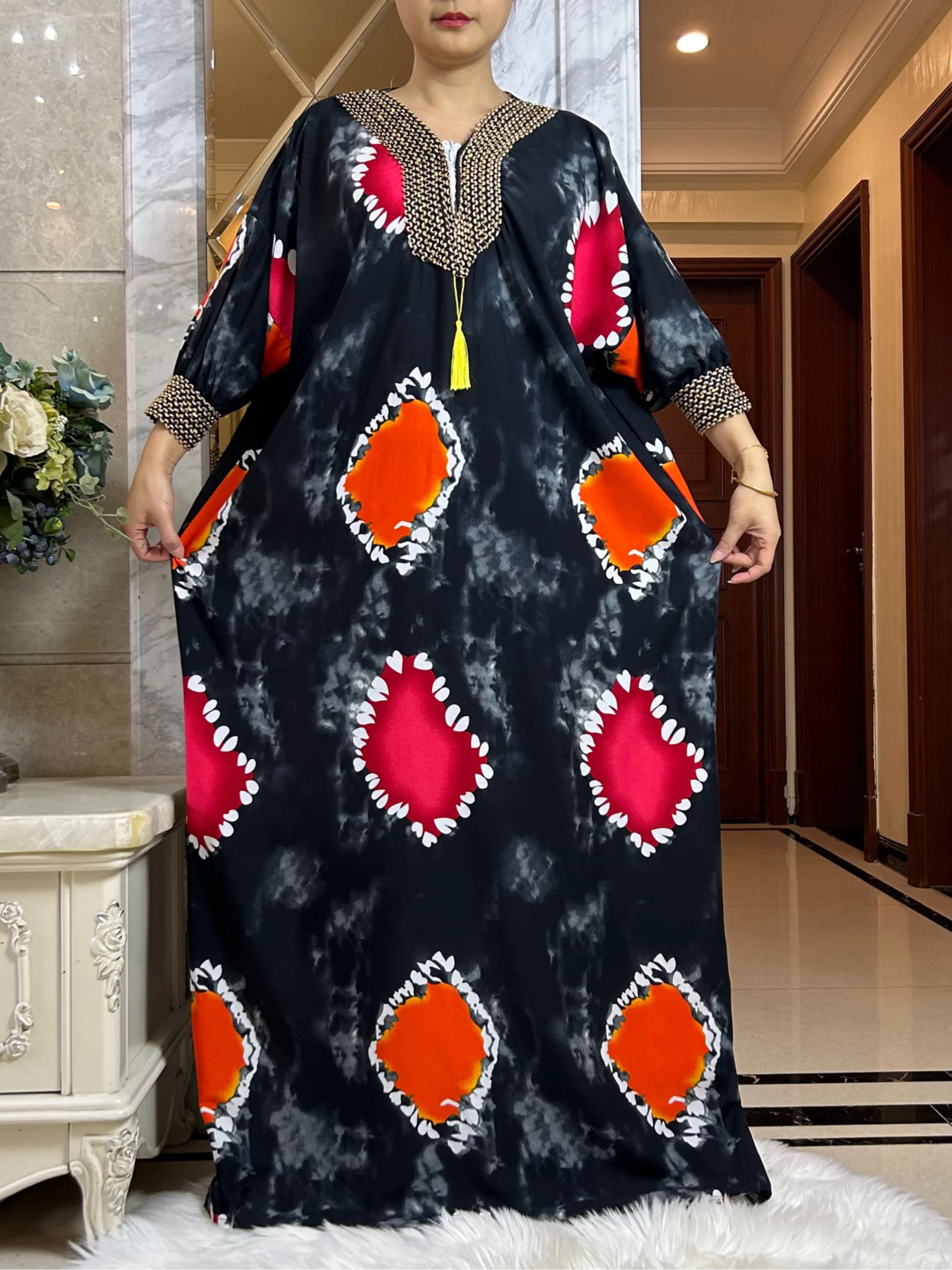 Abayas Musulmanes pour Femme, Ensembles de Mode Ramadan, Boubou en Coton Imprimé Floral, Robe Femme avec Écharpe Surdimensionnée 2025x210 cm, 150
