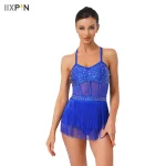 Femmes strass Latin Tango danse justaucorps robe maille transparente Patchwork à plusieurs niveaux gland frange une pièce body robe Dancewear