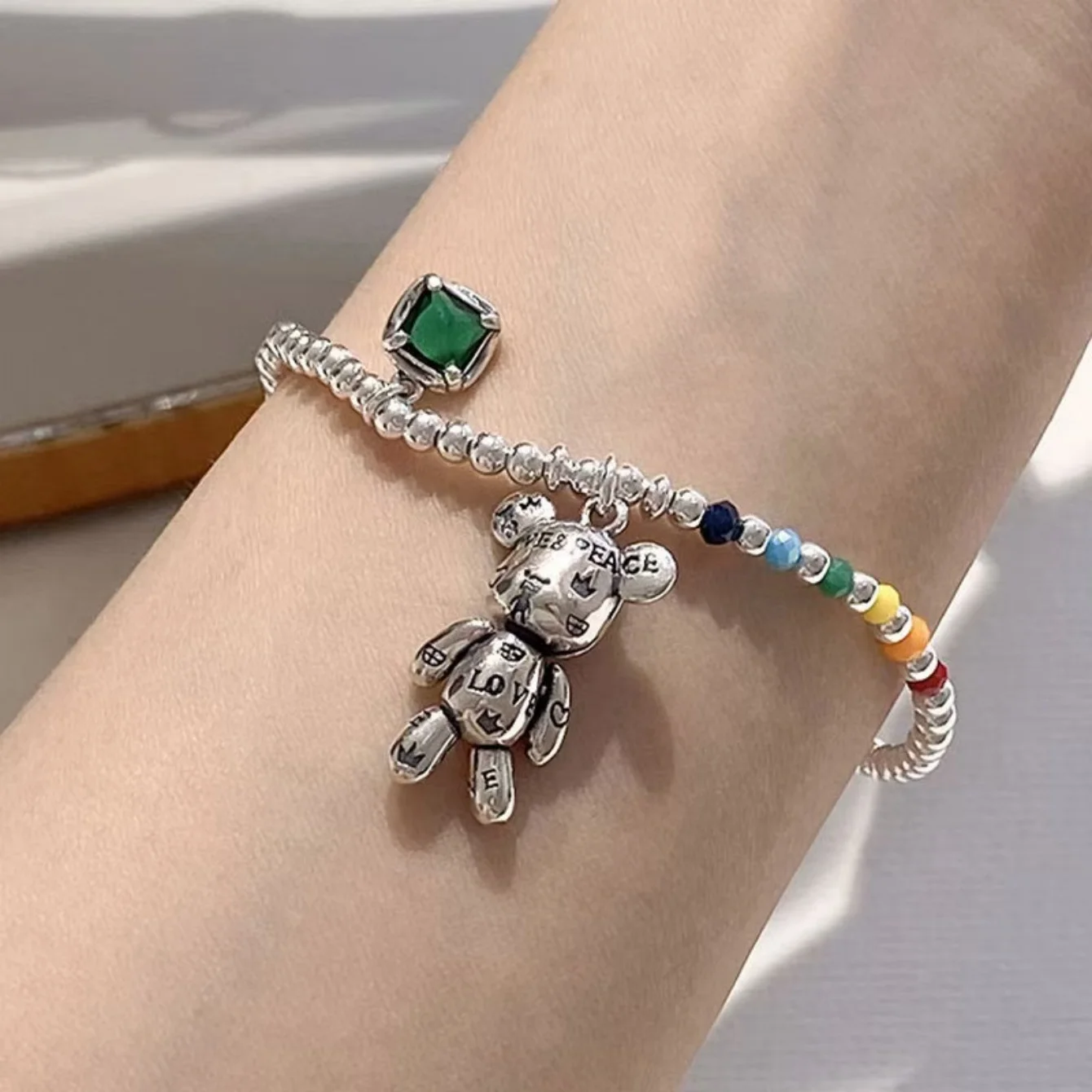 Collier couleur argent, Bracelet à breloques, bijoux de perles rondes colorées, Design ours mignon, pendentif en Zircon, bijoux de fête sl208