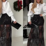 Jupe longue transparente en Patchwork de paillettes pour femmes, Sexy, taille haute, brillante, transparente, robes de soirée, charmant, nouveaux vêtements de plage