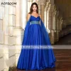 Robe de soirée élégante bleu Royal arabie, manches longues Cape, cristaux scintillants, perles, ligne a, bretelles Spaghetti, robes de bal pour femmes, 2025