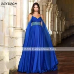 Robe de soirée élégante bleu Royal arabie, manches longues Cape, cristaux scintillants, perles, ligne a, bretelles Spaghetti, robes de bal pour femmes, 2025