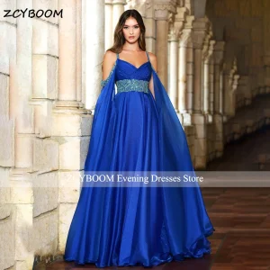 Robe de soirée élégante bleu Royal arabie, manches longues Cape, cristaux scintillants, perles, ligne a, bretelles Spaghetti, robes de bal pour femmes, 2025