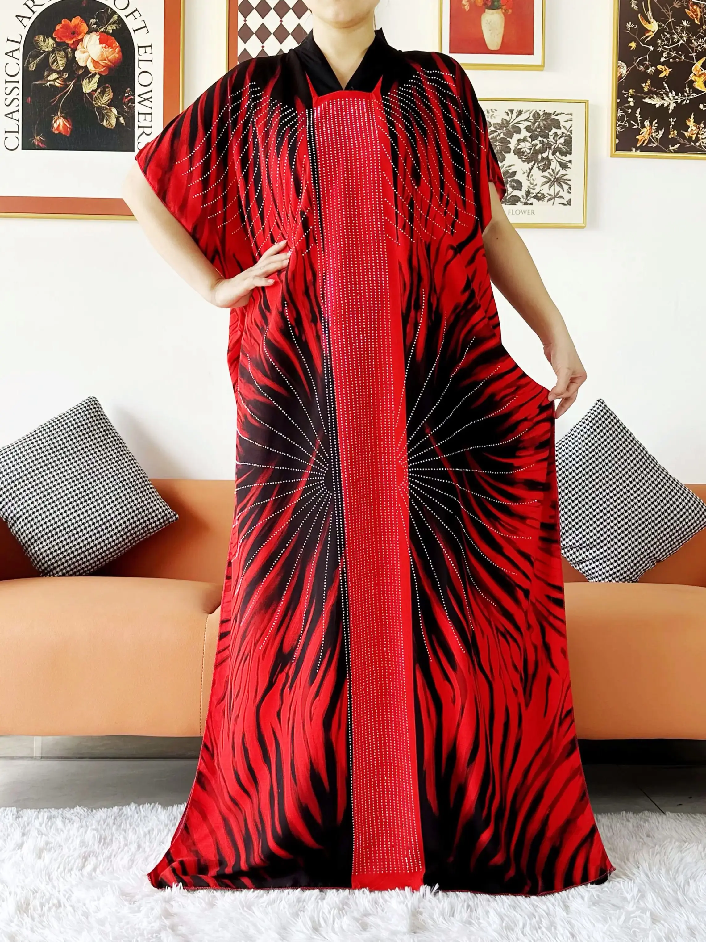 Abaya-Robe de Soirée en Coton à Manches Courtes pour Femme Musulmane Africaine, Boubou avec Strass, Grande Écharpe, Été 2024