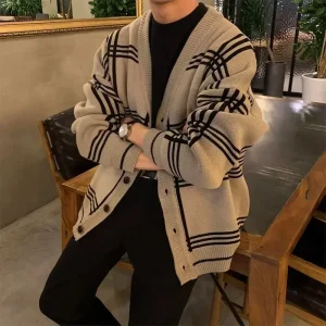 Vêtements pour hommes Cardigan veste col en V manteau tricot pull mâle Plaid élégant décontracté à manches longues 100% coréen 2025 automne classique A