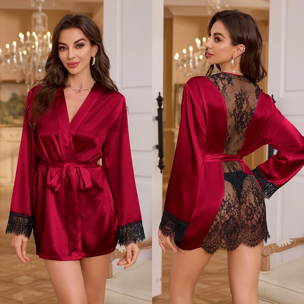 peignoirs en satin patchwork de dentelle pour femmes, mini robe sexy, robe à manches longues, robe de mariée