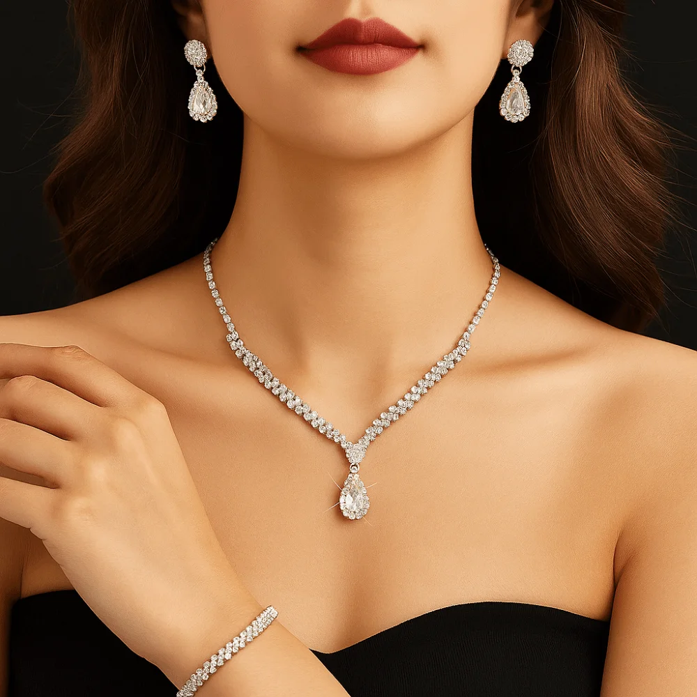 ensemble de bijoux de mariée de luxe en zircon, collier élégant, boucles d'oreilles, tempérament exquis, strass, bracelet, accessoires pour robe