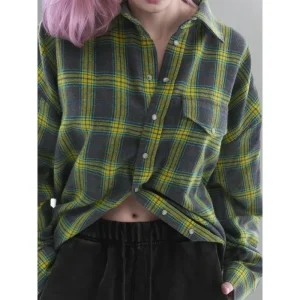 2025 nouvelle chemise ample décontractée |    Hauts rétro à carreaux pour femmes, Style élégant, doux et Cool, revers polyvalent, patte de boutonnage droite