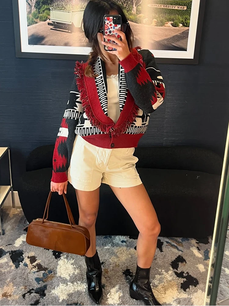 manteaux à pampilles en jacquard pour femmes, ceinture à lacets, col en v, châle, cardigan, taille cintrée, hauts trapèze, mode automne, nouveaux vêtements féminins