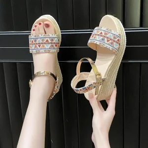 Chaussures à plateforme compensée pour femmes, Style bohémien, sandales d&rsquo;été à bout ouvert, antidérapantes, à talons hauts, élégantes