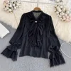 chemise ample manches longues lanterne femmes dentelle blouse à volants nœud papillon cravate vintage lolita chemise élégante printemps décontracté travail hauts