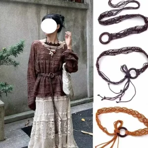 Ceinture ethnique pour femmes, corde cirée de style bohème, nœud tressé, perles en bois faites à la main, corde de taille exquise