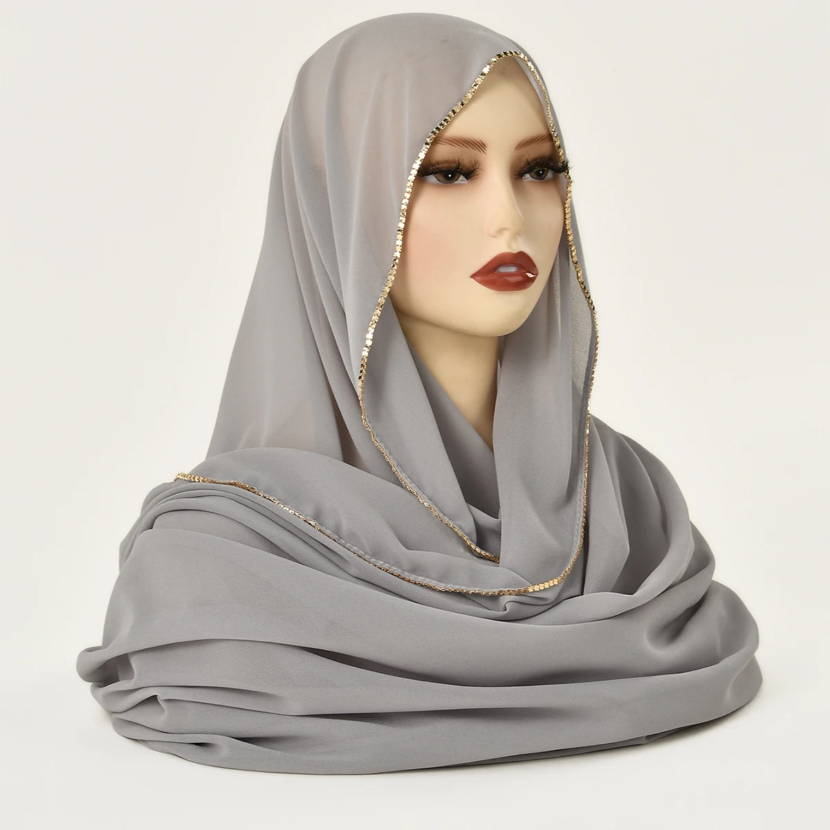 Écharpe hijab en mousseline de soie strass pour femmes, châle extensible, bandeau musulman uni, mode, couleur unie, long silencieux